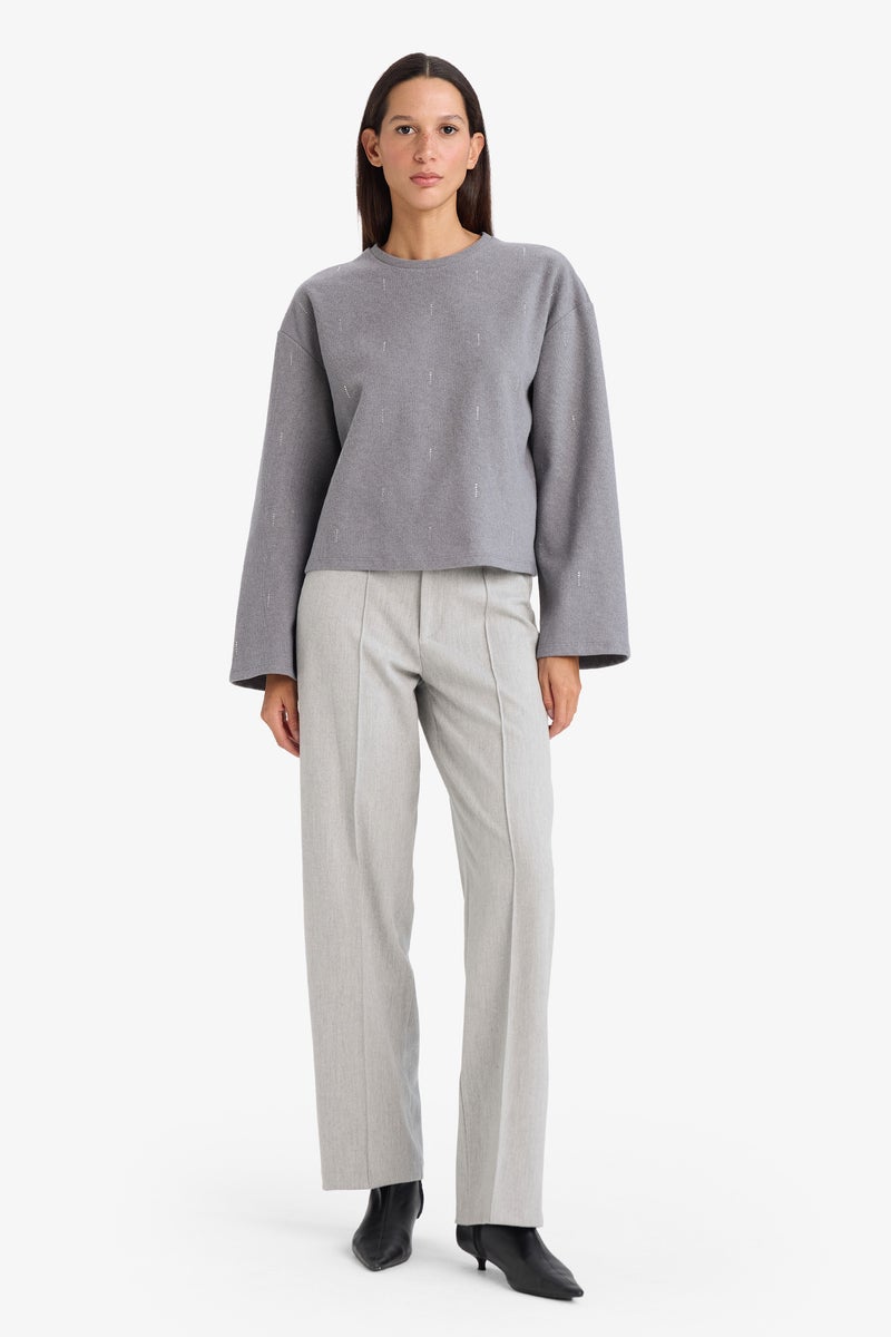 DeFacto Grey Woman Relax Fit Crew Neck Long Sleeve T-Shirt Casual - Image 2